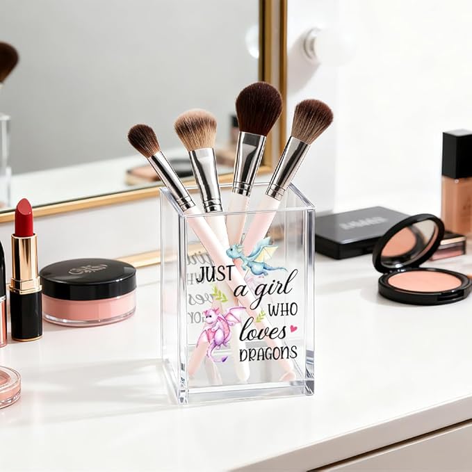 Just A Girl Who Loves Dragons Acrylic Cosmetic Organizer Pen Holder, Funny Acrylic Desk Holder Cup for Pen Pencil, Christmas Birthday Gifts for Dragon Lovers Daughter Lady Women Coworker Boss