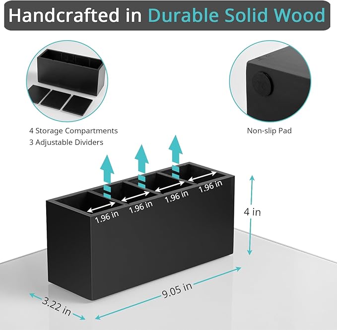 Bivvclaz Pencil Pen Holder for Desk, Wooden Office Desk Organizers and Accessories with 4 Slots for Countertop, Makeup Brush Holder Organizer for Bathroom Vanity, Silverware Caddy for Party, Black