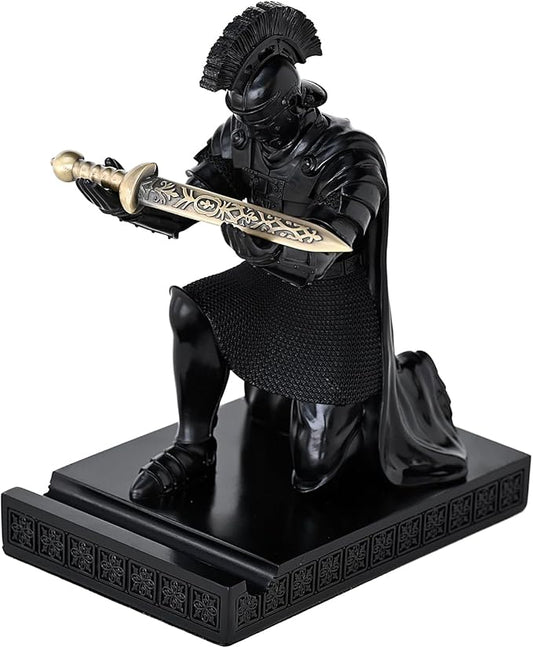 Roman Praetorian Prefect Warrior Knight Pen Holder Desk Ornament Resin Praetorian Guard Mobile Phone Stand Desk Accessories and Organizer for Office with a Letter Opener (Black)