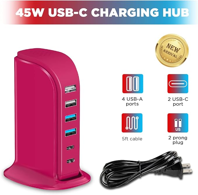 USB Charging Station Multiports Upoy, Charging Hub 6 Ports Dual Type-C, USB Tower Fast Charging for Tablets, Cellphones, Smart Watch, and More Electronic Gadgets, Portable Design, Travel Essentials