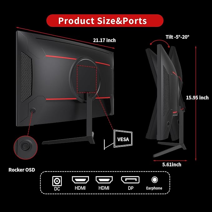 KTC 24 Inch 1500R Curved Gaming Monitor,180Hz 1ms FHD 1080p VA Monitor, Adaptive Sync, 110% sRGB, HDR Support, DisPlayPort/HDMI,Tilt, VESA for Gaming Home Office Business PS5 PC Monitors