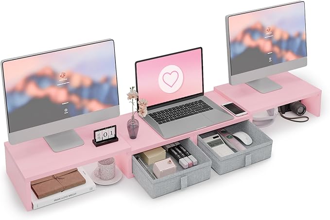 TEAMIX Pink Dual Monitor Stand Riser - Length and Angle Adjustable Monitor Stand with 2 Drawers to Storage Large Computer Riser for 2 Monitors/Laptop/PC, Wood Screen/TV Stand Desk Organizer (Pink)