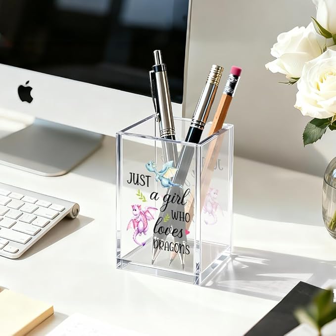 Just A Girl Who Loves Dragons Acrylic Cosmetic Organizer Pen Holder, Funny Acrylic Desk Holder Cup for Pen Pencil, Christmas Birthday Gifts for Dragon Lovers Daughter Lady Women Coworker Boss