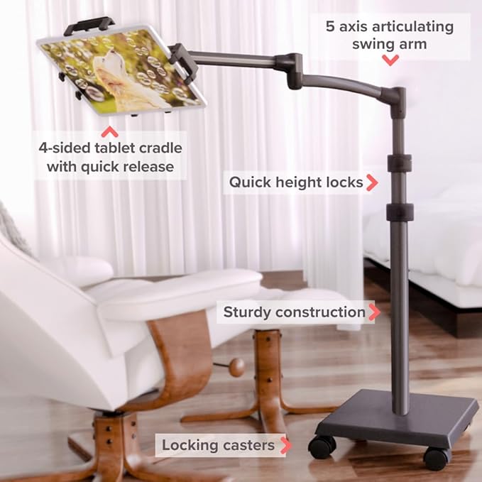 Levo G2 Premium Tablet Floor Stand with 5-Axis Adjustable Arm for iPad, Kindle, Samsung – Height Range 30–56 Inches – Hands-Free Reading, Streaming, Gaming, and Browsing in Bed, Sofa, or Chair