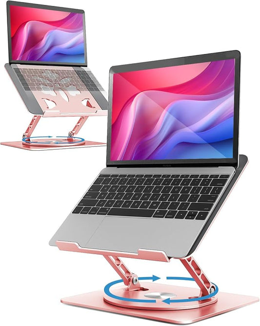 Adjustable Laptop Stand for Desk - Portable Laptop Riser with Rotating Base, Foldable Aluminum Computer Stand, Ergonomic Laptop Holder for MacBook Pro/Air Dell HP Notebook up to 15.6" ,Rose Gold