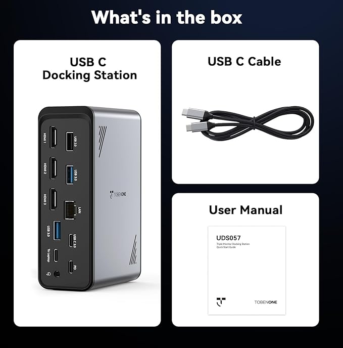TobenONE 18 in 1 Laptop Docking Station 3 Monitors, Triple 4K Display with 3 HDMI, 9 USB Ports, Gigabit Ethernet, PD3.0, for Windows/Dell/Lenovo/HP/Thinkpad Laptops (No Power Adapter)