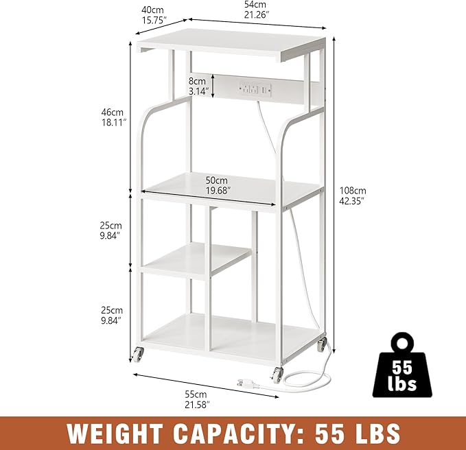 VEDECASA Mobile High Printer Stand with Power Outlet Charging Plugs USB Port Office Storage Shelf Includes Computer Tower CPU Stand Holder with Wheel (White)