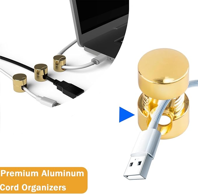 6 Sets Charger Cord Holder, Gold Metal Adhesive Cable Management Clips,Adjustable Cable Anchor Holders,Wire Organizer for Desk, Wall, Home, Office