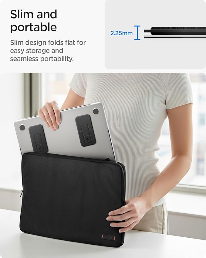 Spigen Slim Fold Adhesive Laptop Stand 2 Piece Foldable Portable Dual Ergonomic Angle Adjustment Lift Anti-Slip Compatible with MacBook Pro, MacBook Air 11"-16" and More - Black (LD201-S2)