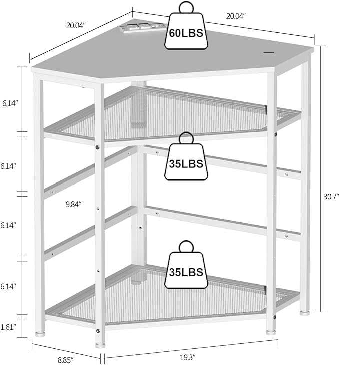 VEDECASA Corner Printer Stand Table with Power Outlet Charging Plugs USB Port Adjustable Storage Shelf Computer Tower CPU Stand Holder for Home Office (White)