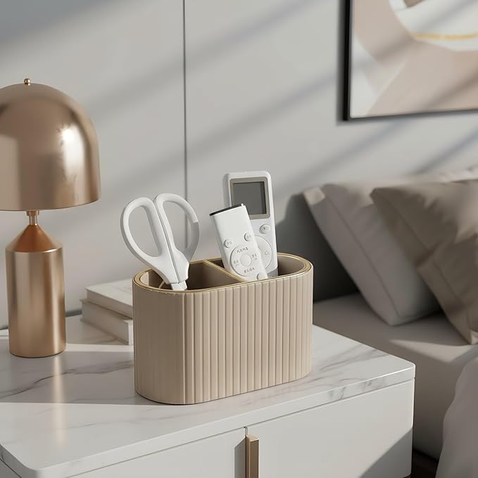 KINGFOM PU Leather Desk Organizer Pen Holder – Dual-Compartment Stylish Pencil Cup Remote Control Holder Desktop Supplies and Accessories Organizer Caddy for Office Home School (Mocha Beige)