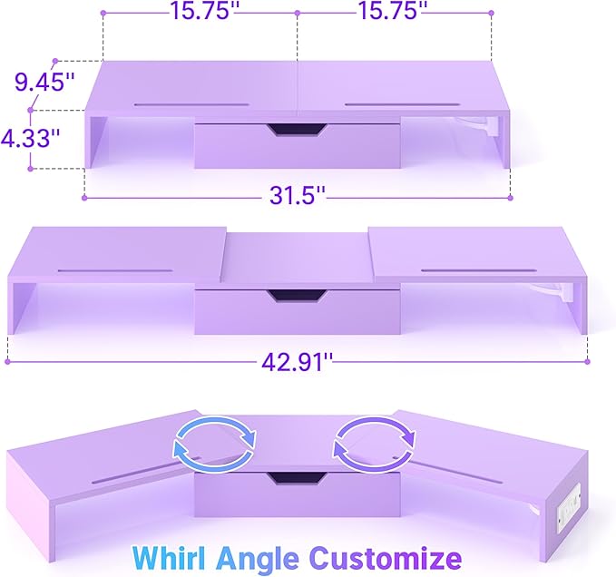 Elephance Dual Monitor Stand with USB Ports,Wood Computer Monitor Stand with Drawer,Adjustable Monitor Stand Riser,Desk Organizer for PC,Computer,Laptop,Purple Pink