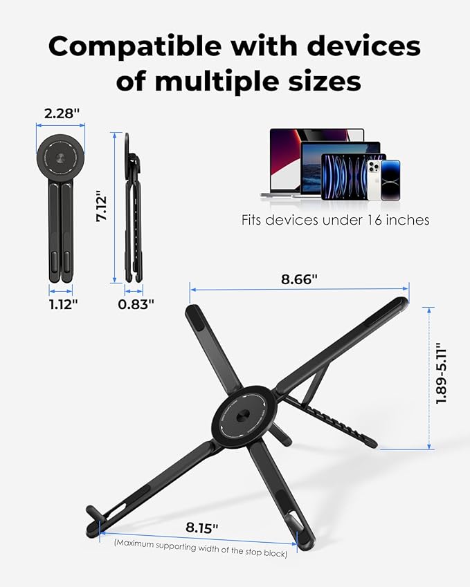 Viozon Portable Laptop Stand for Desk, Foldable Adjustable Computer Riser with Magnetic Phone Holder, Aluminum Laptop Stand for 10–16” Laptops & 4–13” Phones/Tablets (Black)