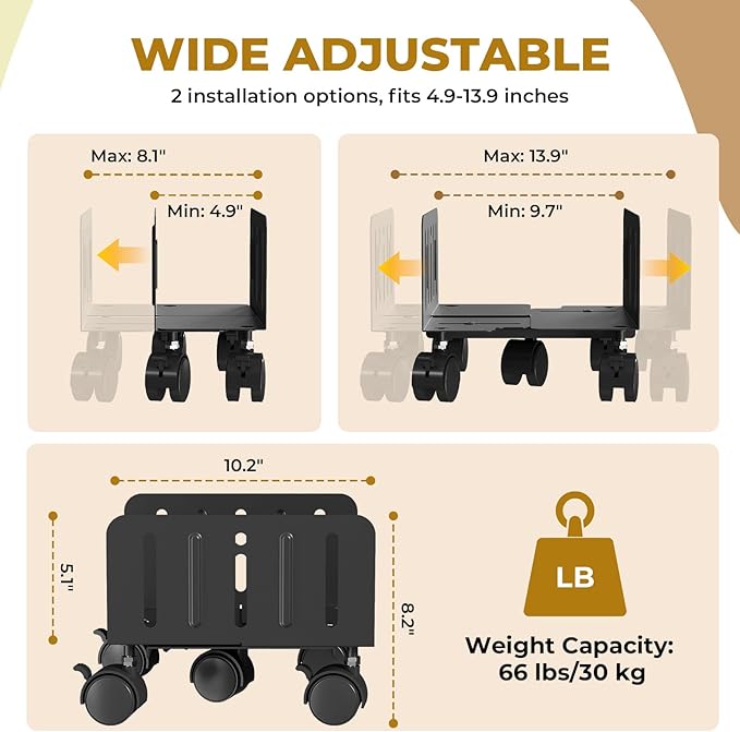 JOY worker Computer Tower Stand, 4.9 to 13.9 inch Wide Adjustable Mobile PC Cart with 5 Wheels, Steel Tower Floor Stand Holds Up to 66 lbs, Rolling Gaming CPU Holder Under Desk, Black