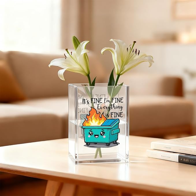 Everything is Fine Acrylic Cosmetic Organizer Pen Holder, Funny Acrylic Desk Holder Cup for Pen Pencil, Humorous Office Gifts for Coworker Boss Leader Director, Dumpster Fire Desk Accessory
