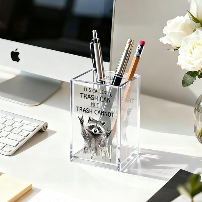It's Called Trash Can Acrylic Cosmetic Organizer Pen Holder, Funny Acrylic Desk Holder Cup for Pen Pencil, Humor Office Gifts for Coworker Friend, Sarcastic Gifts for Racoon Lovers Leader Staff