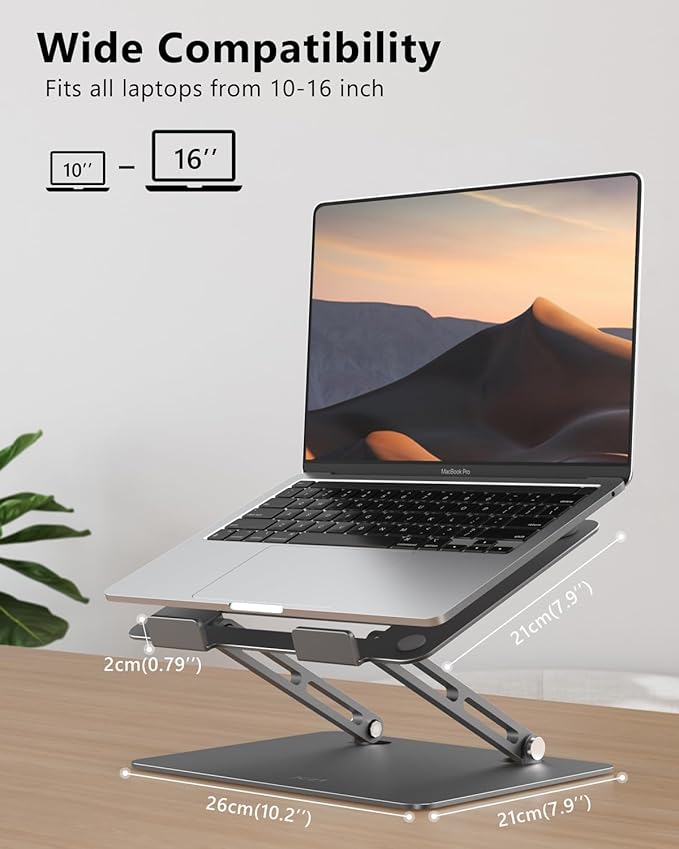 Aluminum Laptop Stand, Laptop Stand for Desk, Adjustable Height Ergonomic Computer Stands Compatible with MacBook Air, Pro, Dell, HP, Lenovo More, All 10-16'' Notebooks Laptops, Classic Grey