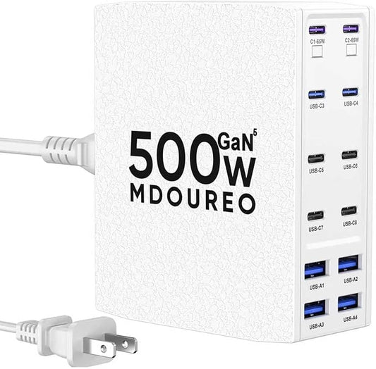 500W USB C Charger Block, 12-Port USB C Charging Station for Multiple Devices, Leather Texture Dual PD 65W Laptop Fast Charger Compatible with MacBook Pro/Air, iPad, iPhone,Galaxy and More, White