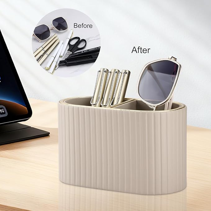 KINGFOM PU Leather Desk Organizer Pen Holder – Dual-Compartment Stylish Pencil Cup Remote Control Holder Desktop Supplies and Accessories Organizer Caddy for Office Home School (Mocha Beige)