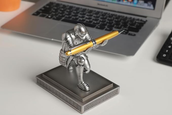 Knight Pen Holder Desk Ornament Resin Pencil Holders Desk Accessories and Organizer For Men with a Cool Pen (Silver)