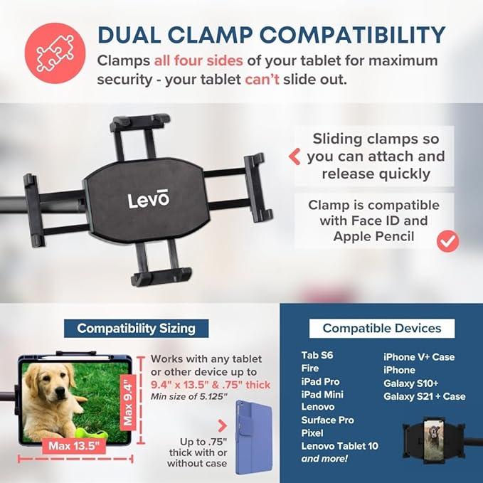 Levo G2 Premium Tablet Floor Stand with 5-Axis Adjustable Arm for iPad, Kindle, Samsung – Height Range 30–56 Inches – Hands-Free Reading, Streaming, Gaming, and Browsing in Bed, Sofa, or Chair