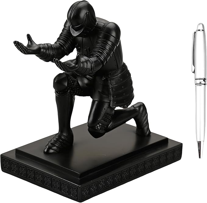 Knight Pen Holder Desk Organizers and Accessories Desk Decor Resin Pen Holder as Gift with a Cool Pen for Office and Home (Black)