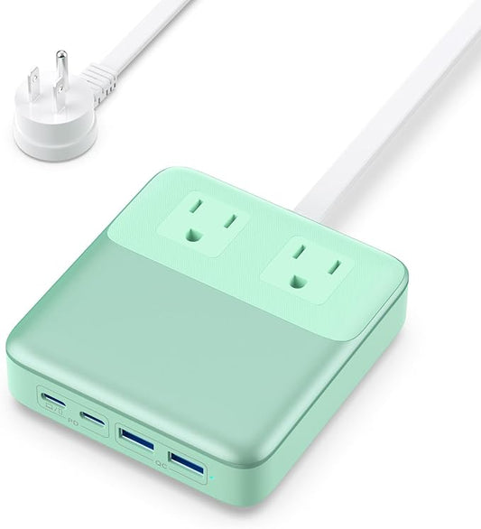 USB C Charger Block,135W GaN IV Fast Charging Station Hub,6-in-1 USB C Power Strip with Flat Plug and 5ft Cord,2 AC,2 USB A,2 USB C,PD 65W Laptop Charger for MacBook Air/Pro,iPhone16/15,Samsung-Green