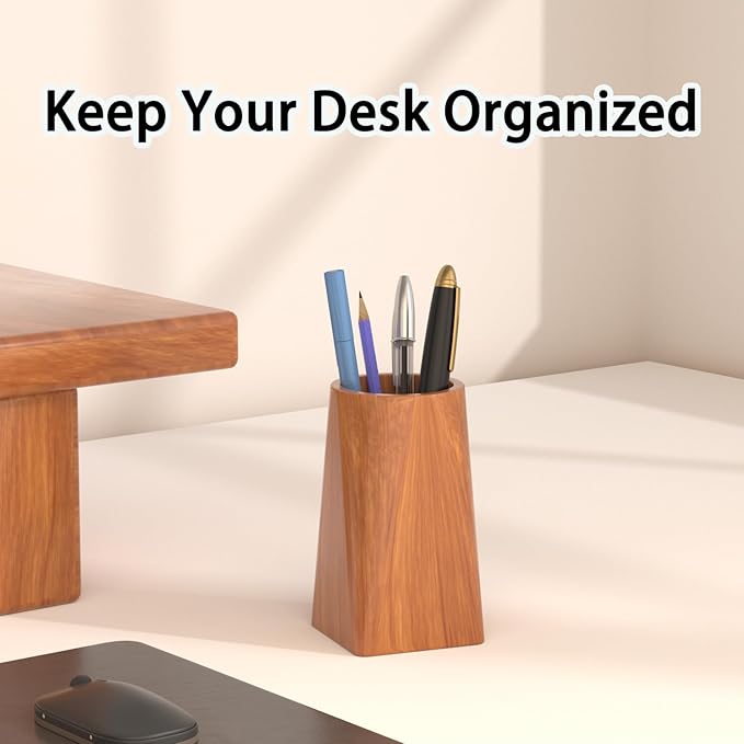 Wooden Pen Holder for Desk - Pencil Cup for Office School Supplies Storage, Natural Wooden pencil cup for students