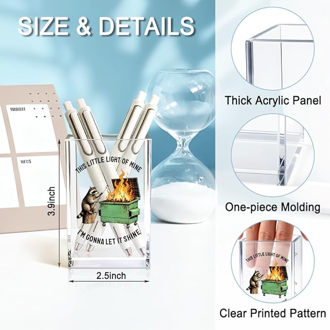 This Little Light Of Mine I'm Gonna Let It Shine Acrylic Cosmetic Pencil Holder Cup, Funny Raccoon Dumpster Fire Pen Holder Gifts For Women Men Friends HR Doctor, Office Gifts for Coworkers