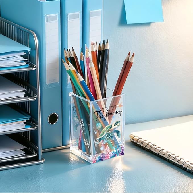 Trust The Journey Acrylic Pencil Holder Cup, Inspirational Gifts for Friends Coworker, Funny Sea Turtle Pen Holder for Women Girls Turtle Lover, Pencil Cup for Desk, Marker Makeup Organizer