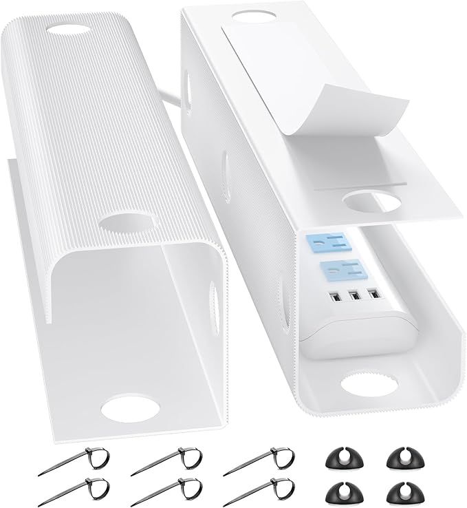 YECAYE Large Under Desk Cable Management,Easy Install Cable Management Under Desk with 4 Cord Holders & 6 Ties,Child & Pet-Safe Cord Hider,Wire Organizer,Wire Cover Tray,White