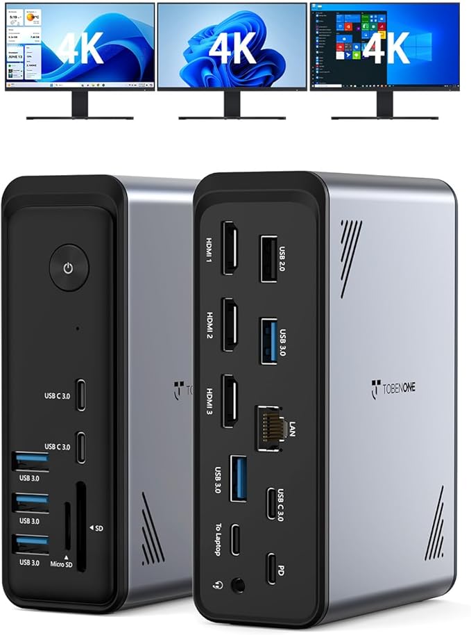 TobenONE 18 in 1 Laptop Docking Station 3 Monitors, Triple 4K Display with 3 HDMI, 9 USB Ports, Gigabit Ethernet, PD3.0, for Windows/Dell/Lenovo/HP/Thinkpad Laptops (No Power Adapter)