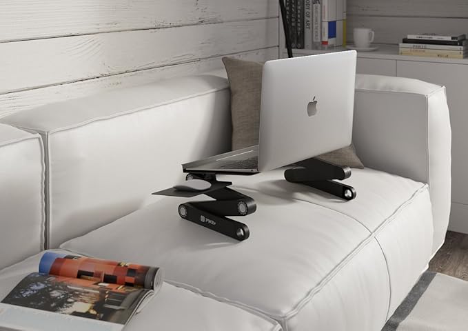 Laptop Table Stand Adjustable Riser: Portable with Mouse Pad Fully Ergonomic Mount Ultrabook MacBook Gaming Notebook Light Weight Aluminum Black Bed Tray Desk Book Fans Up to 17 inch