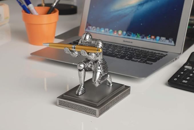 Knight Pen Holder Desk Ornament Resin Pencil Holders Desk Accessories and Organizer For Men with a Cool Pen (Silver)