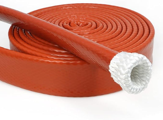 High Temp Fire Sleeve, Fiberglass Braided Heat Shield for Automotive Fuel Line & Wiring Harness, Silicone Coated Fireproof Protection Tube (Red, 25mm(1")-3.3ft)