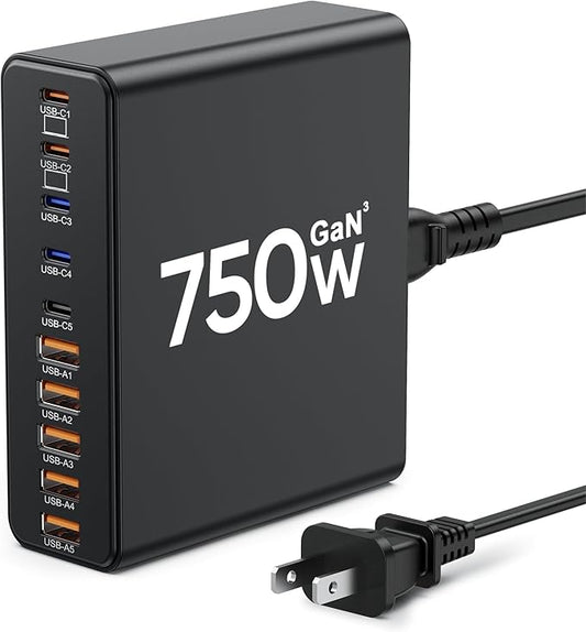 750W USB C Charger Block,10-Port Charging Station GaN Fast Charging Type C & USB A Wall Charger Adapter for MacBook Pro/Air,iPhone,iPad,Dell XPS,Samsung Galaxy (Bright Black)