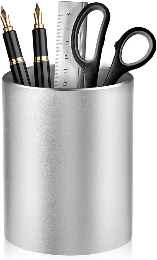 Pen Holder Pencil Holder for Desk, Metal desk pen holder, Makeup Brush Holder, pencil cup, pen organizer for desk, for Office, School, Home, and Kids 3.9×3.14inch（Silver）