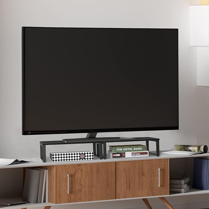 NORCEESAN 2 Pack Monitor Stand Riser Wood Desk Shelf with Storage, Laptop Stand Riser Computer Stand for Desk Shelf Organizer Desktop Printer Table for PC Laptop Fax Monitor Lift, Black