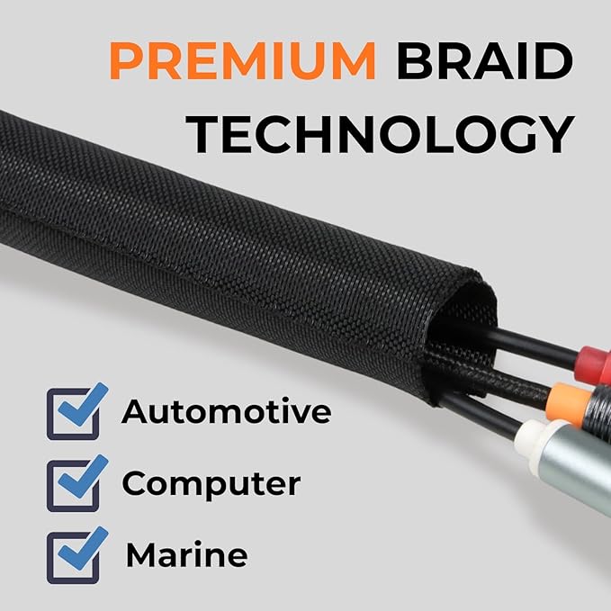3/16 inch Split Braided Cable Management Sleeve for USB Cable Power Cord Audio Video Cable, Wire Loom Cord Protector from Cat Dog Chewing (Black, 25FT)