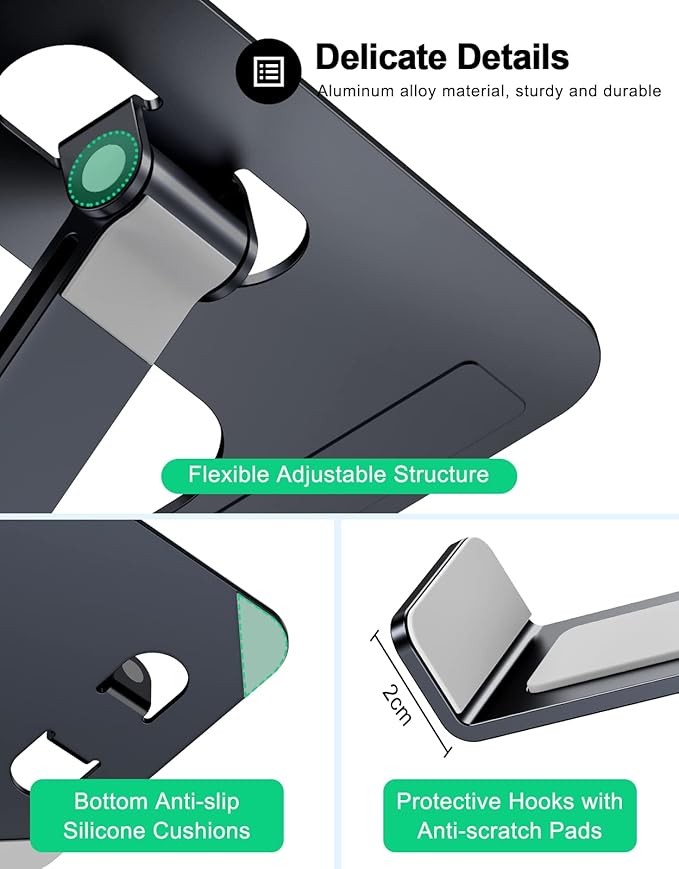 Foldable Laptop Stand, Height Adjustable Ergonomic Computer Stand for Desk, Aluminum Portable Laptop Riser Notebook Holder Mount Compatible with MacBook Pro Air, HP, Dell 10-16" (Black)