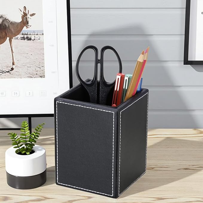KINGFOM PU Leather Square Pens Pencils Holder Cup Desktop Stationery Organizer Case Office Accessories Container Box (black)