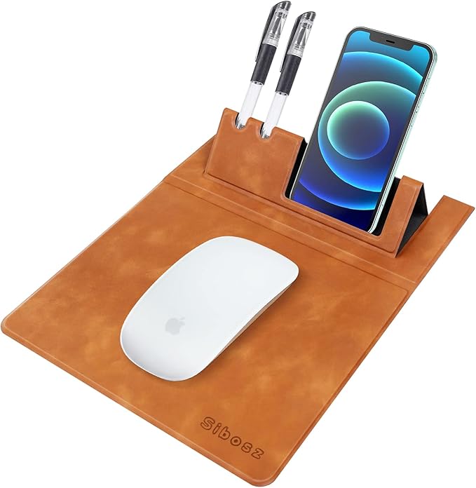 Premium PU Leather 3-in-1 Mouse Pad with Phone Stand and Pen Holders, 9.7x7.7 inches Organizer Desk Mat for Reception counters and Home Office (Brown 1Pack)