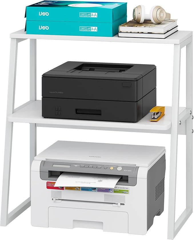 Printer Stand for Desk, Desktop Printer Shelf, 3 Tier Desk Shelf for top of Desk, Large Printer Stands Office Organization Shelves for Home Office Printer Fax Book, White