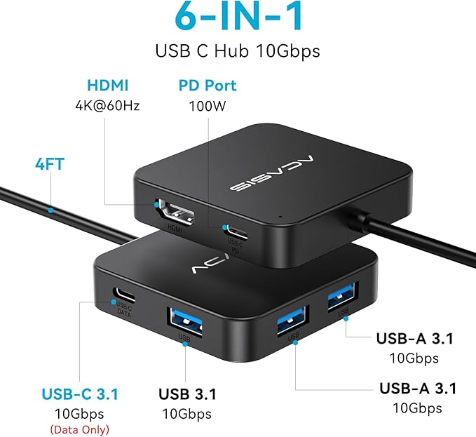USB C Hub Long Cable 4FT 10Gbps, Multiport Adapter with 4K 60Hz HDMI, 100W Power Delivery, 3 USB A3.1+1 USB-C 3.1 Data Port, USB c to HDMI Adapter for MacBook, Dell, Lenovo, Surface, iPad PRO