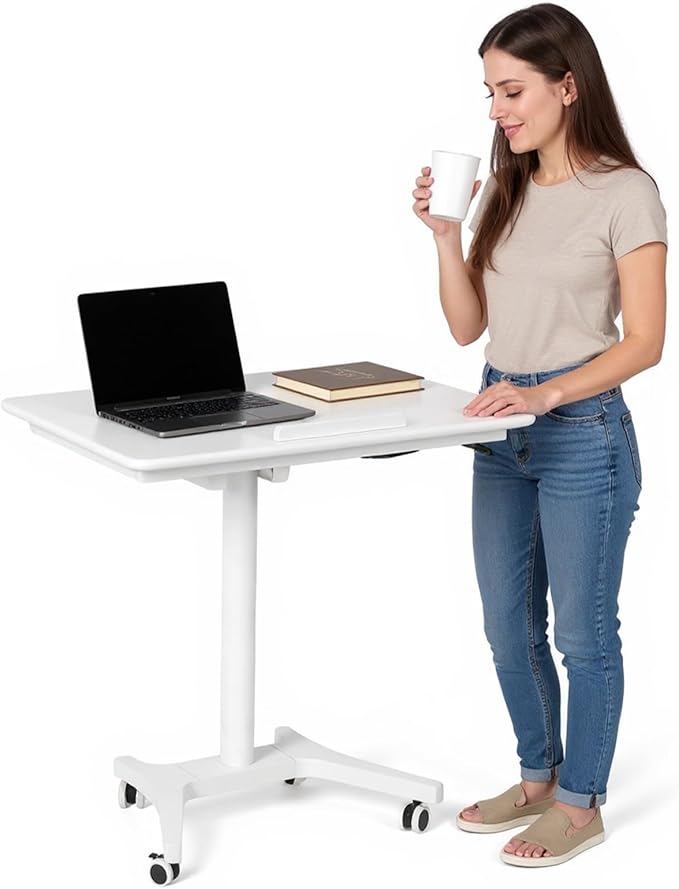 Mobile Sit Stand Laptop Desk with Wheels - Height Adjustable Pneumatic Rolling Workstation, Foldable Solid Wood Home Office Table