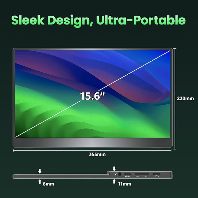 cocopar Portable Monitor 15.6'' 1080P 60Hz 85% sRGB IPS Travel Monitor with USB-C HDMI Portable Screen for Laptop MacBook Surface PC PS4/5 External Display with Kickstand, VESA Mountable