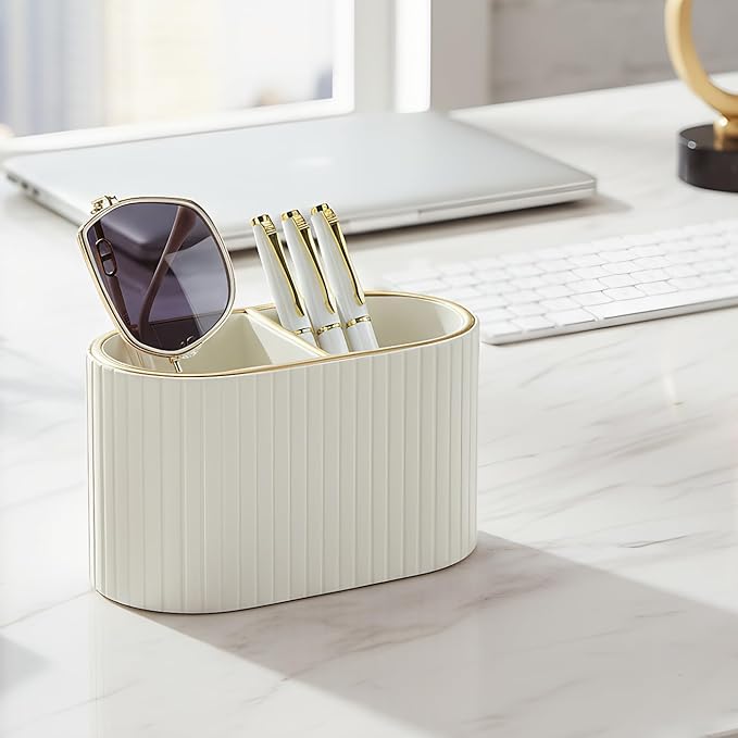 KINGFOM PU Leather Desk Organizer Pen Holder – Dual-Compartment Stylish Pencil Cup Remote Control Holder Desktop Supplies and Accessories Organizer Caddy for Office Home School (Light Beige)