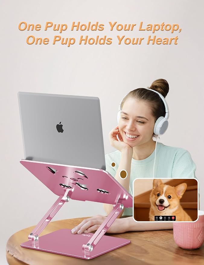 Laptop Stand for Desk – Adjustable Portable Laptop Riser, Aluminum Laptop Holder Compatible with MacBook Air Pro, Dell, HP, Lenovo (10"-17.3"), Featuring Unique Puppy Panel Design, Rose Gold