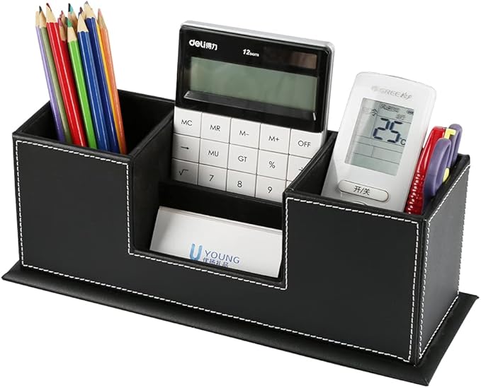 KINGFOM Office Supplies Desk Organizer PU Leather Storage Box 4 Divided Compartments for Pen Business Card Remote Control Mobile Phone Cosmetics Collection Holder (Black)