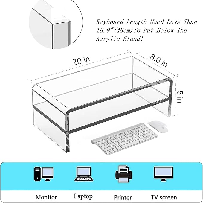 Acrylic Monitor Stand, 2 Tier Computer Monitor Stand Riser，20 inch Acrylic Computer Monitor Stand Riser for iMac, PC, Desktop, Laptop, TV Screen with Extra Storage Space Home Office